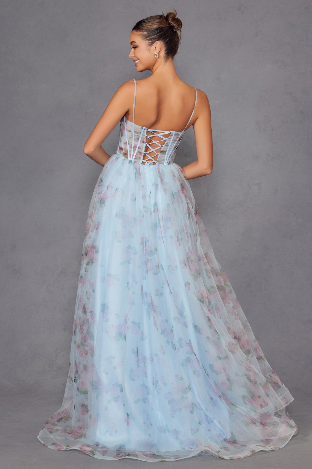 Juliet JT2562S Floral Print Strapless A-Line Tulle Gown by DiscountDressShop