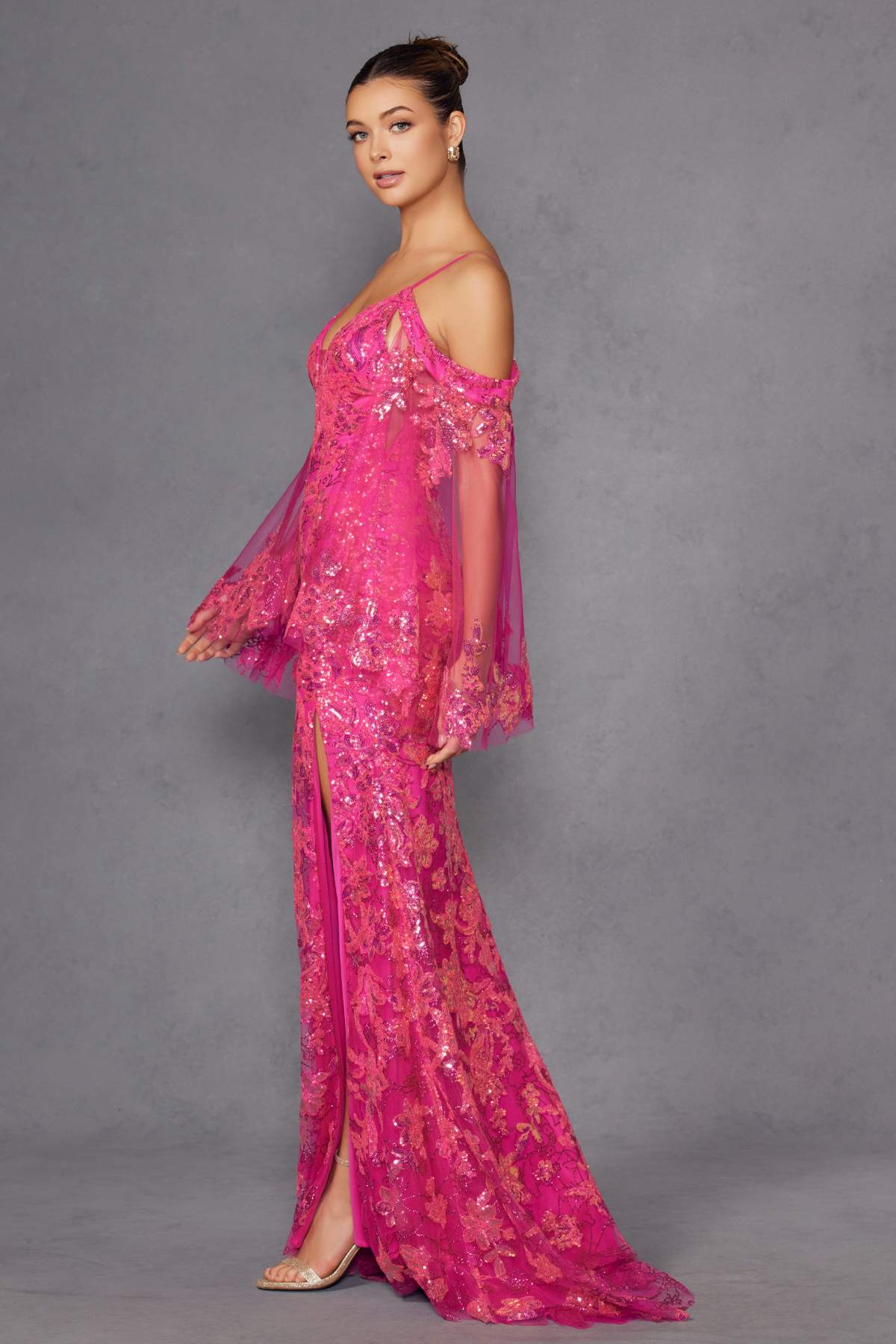 Juliet JT2564U Long Sleeve Cold Shoulder Fitted Sequin Gown by DiscountDressShop