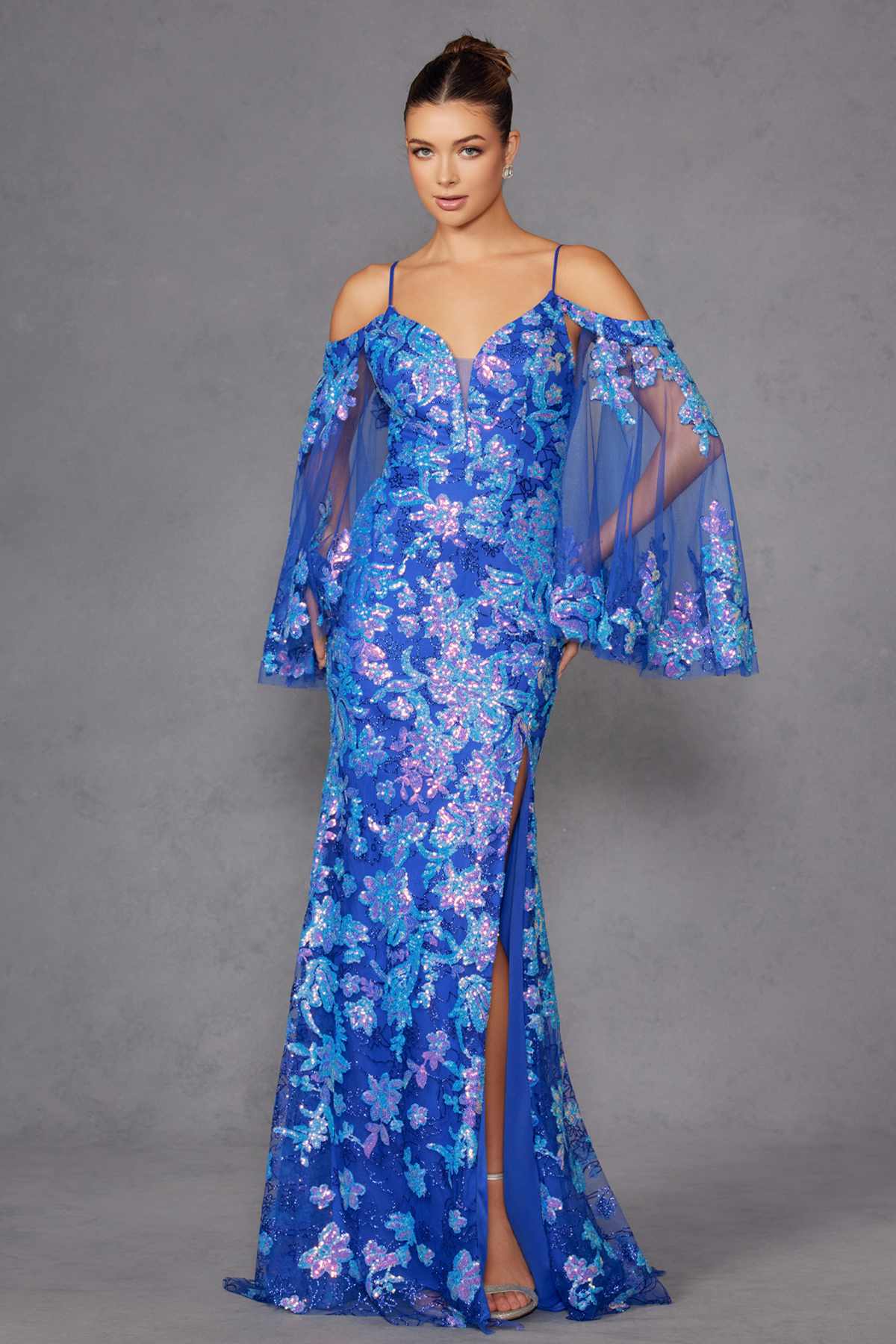 Juliet JT2564U Long Sleeve Cold Shoulder Fitted Sequin Gown by DiscountDressShop