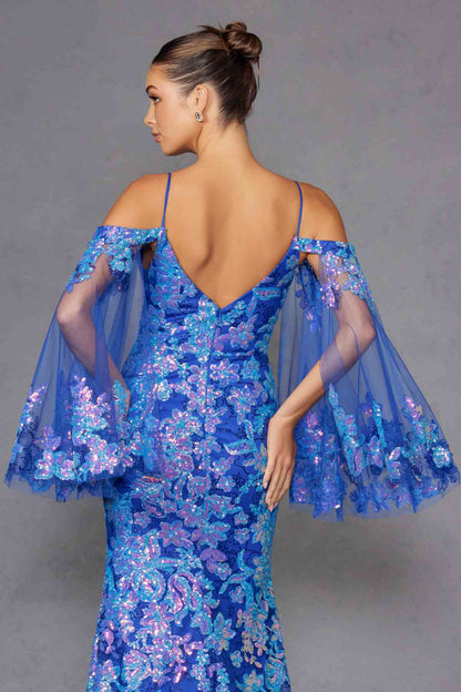 Juliet JT2564U Long Sleeve Cold Shoulder Fitted Sequin Gown by DiscountDressShop
