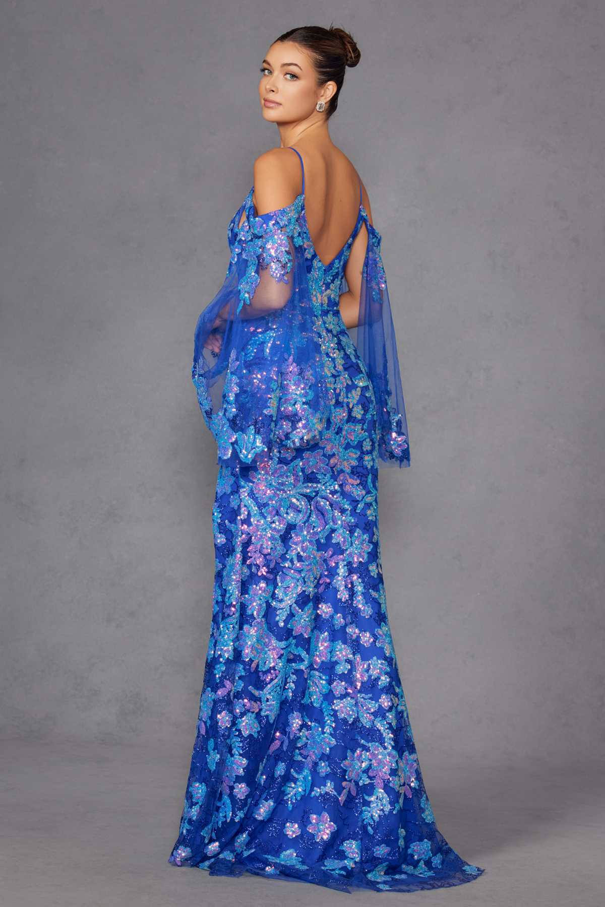 Juliet JT2564U Long Sleeve Cold Shoulder Fitted Sequin Gown by DiscountDressShop
