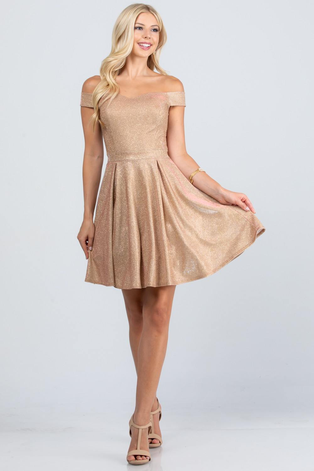 CLEARANCE - La Scala 25759 Short Off the Shoulder Skater Dress Glitter Jacquard (Size S) by DiscountDressShop
