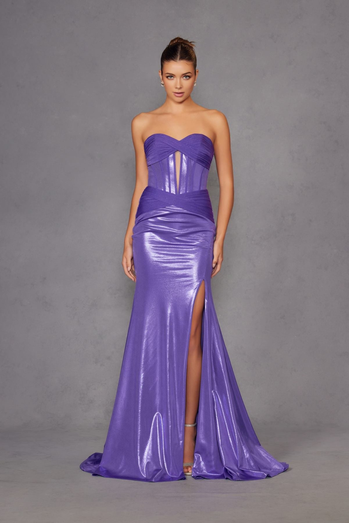 Juliet JT2578H Long Sweetheart Strapless Fitted Metallic Prom Gown by DiscountDressShop