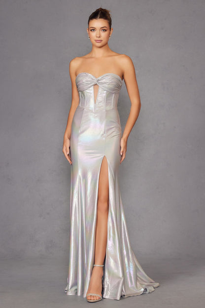 Juliet JT2579H Strapless Sweetheart Iridescent Prom Gown by DiscountDressShop