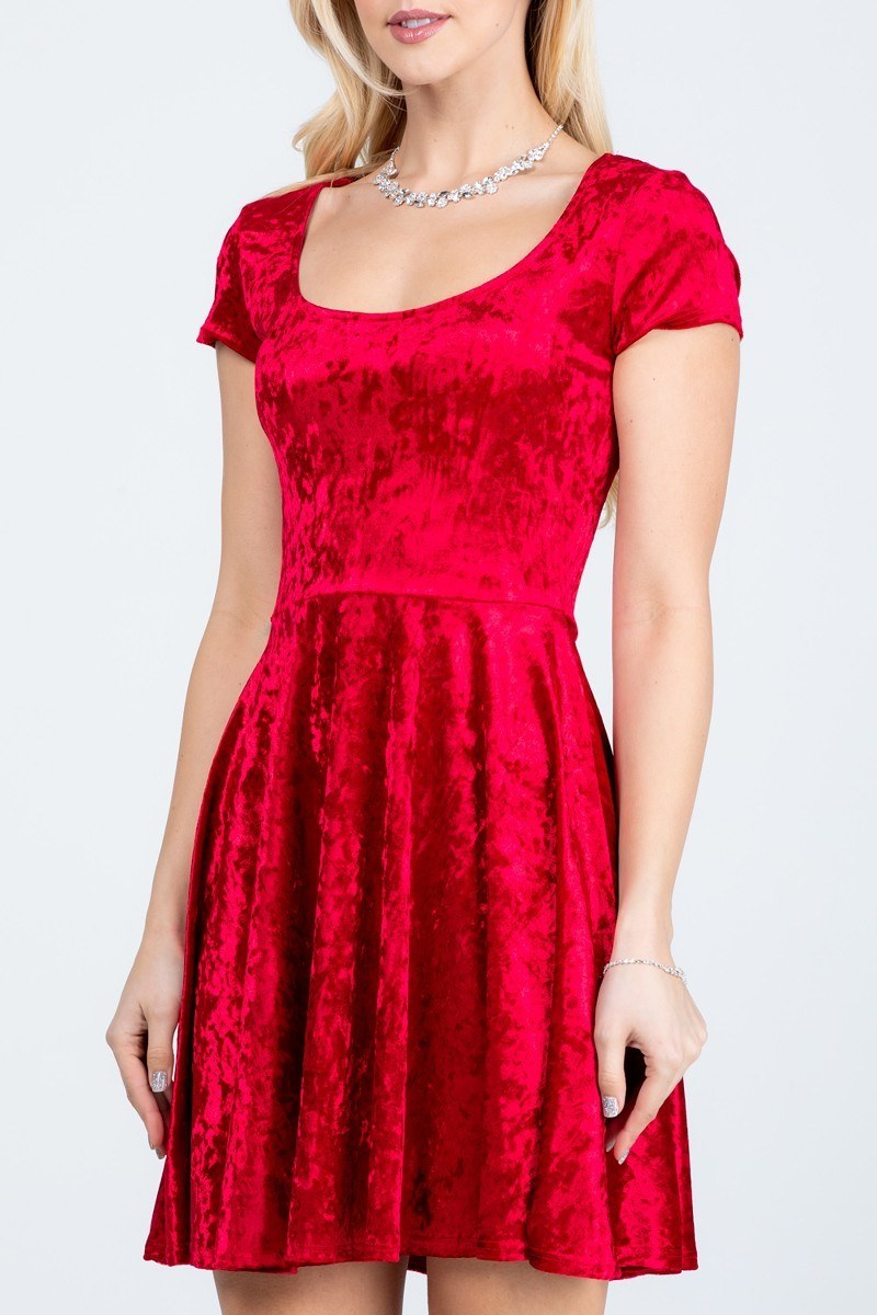 CLEARANCE - La Scala 25821 Crushed Velvet Short Sleeve Red Skater Dress (Size XL) by DiscountDressShop