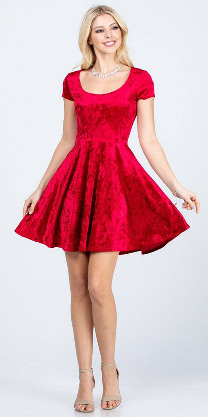 CLEARANCE - La Scala 25821 Crushed Velvet Short Sleeve Red Skater Dress (Size XL) by DiscountDressShop