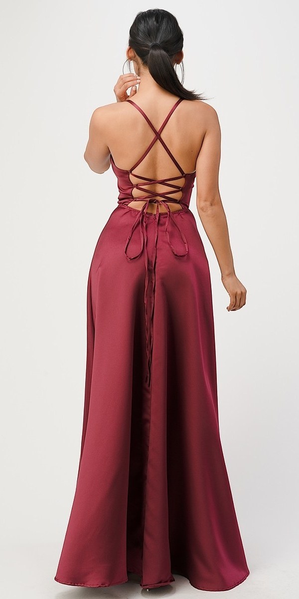 CLEARANCE - La Scala 25895 Open Side Back Spaghetti Tie Stretch Satin Gown (Size XL) by DiscountDressShop
