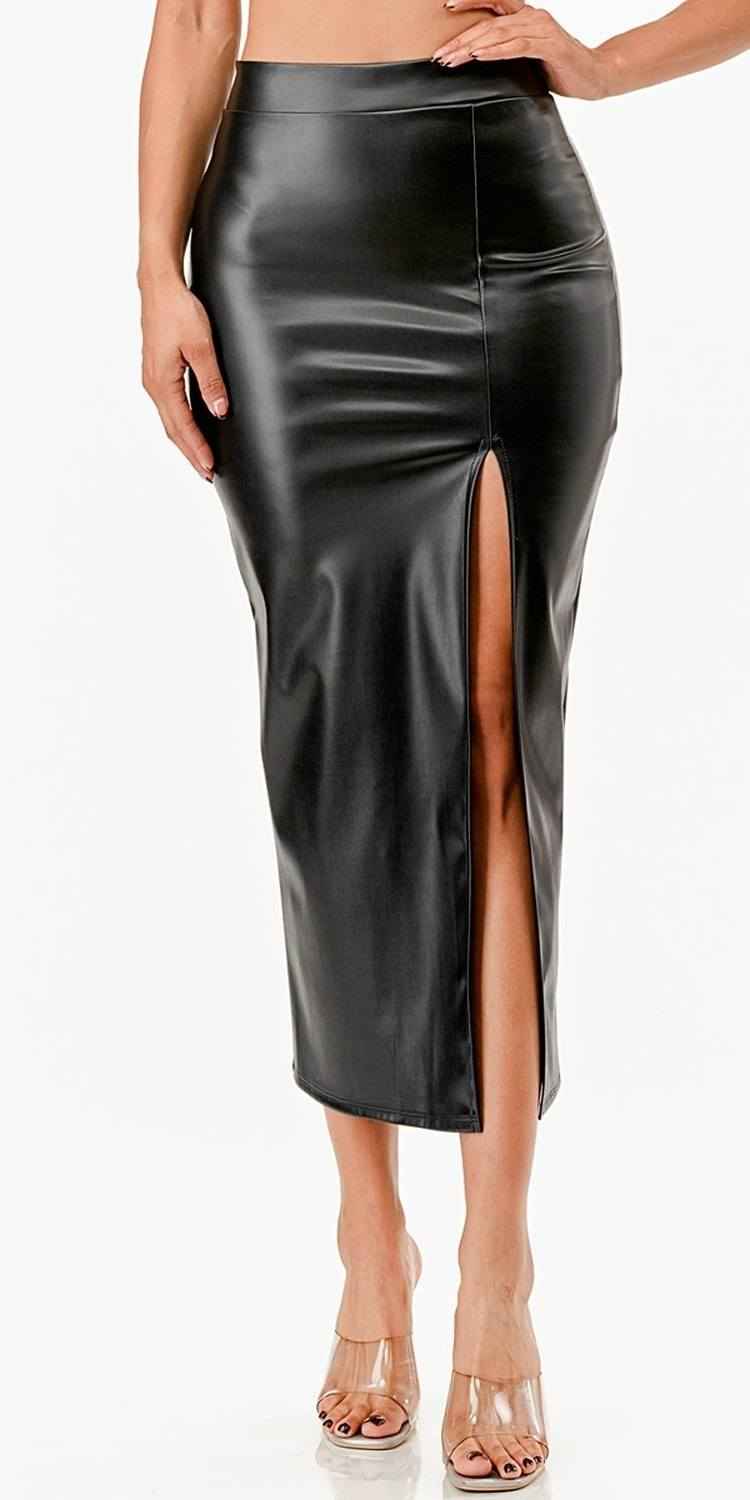 CLEARANCE - La Scala 26019 Mid Length PU leather Pencil Black Skirt (Small) by DiscountDressShop