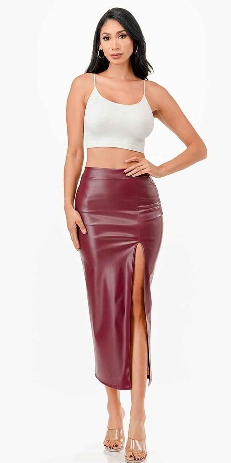 CLEARANCE - La Scala 26019 Mid Length PU leather Pencil Burgundy Skirt (Small) (Copy) by DiscountDressShop