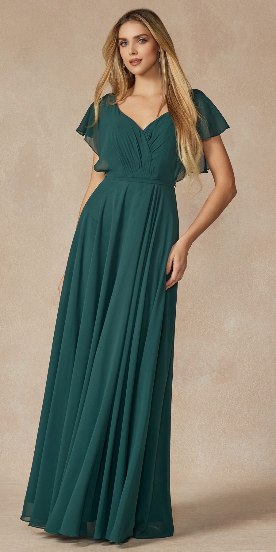 Juliet 261 Flutter Sleeve Formal Dress Cascade Back by DiscountDressShop