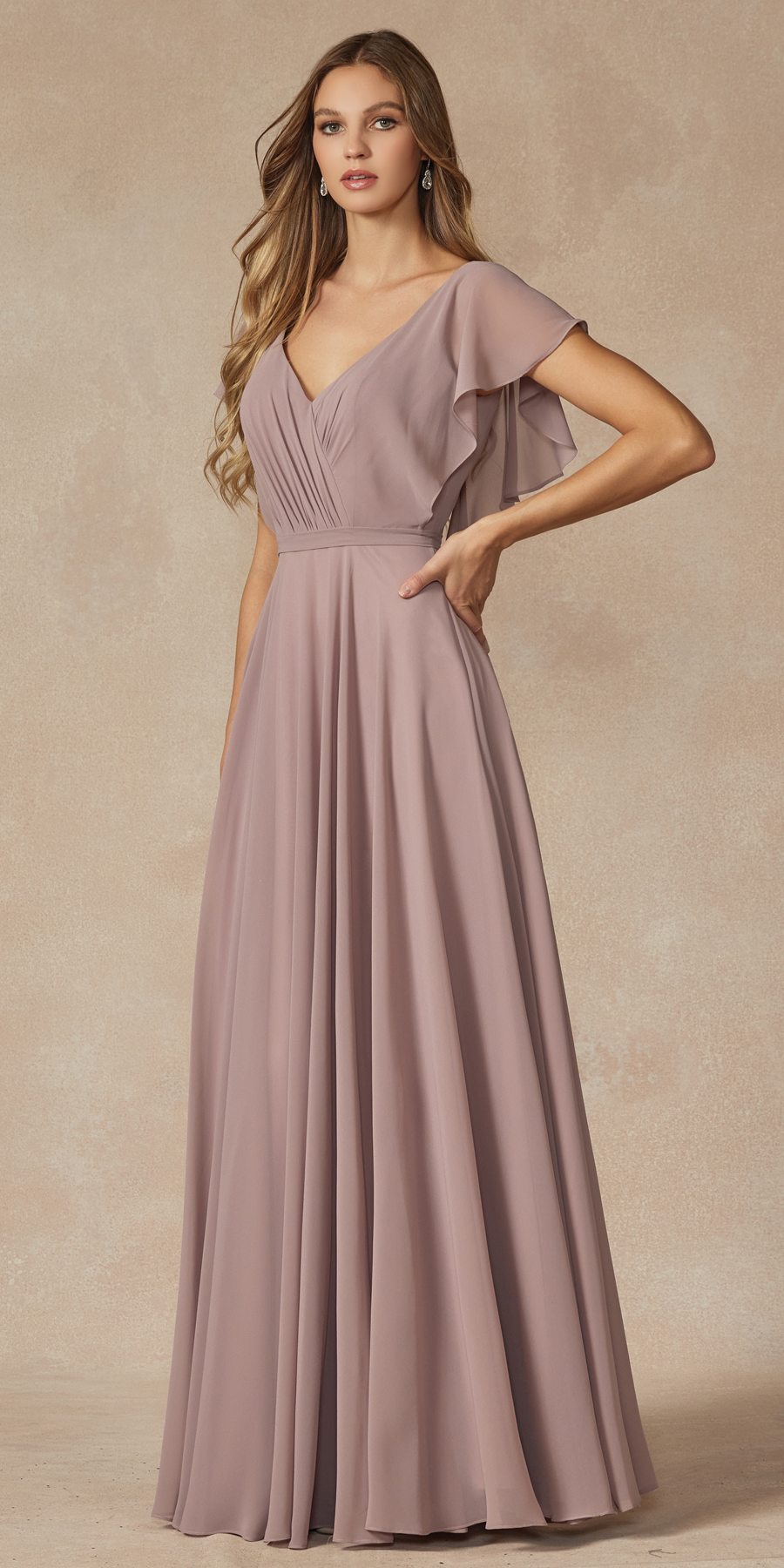 Juliet 261 Flutter Sleeve Formal Dress Cascade Back by DiscountDressShop