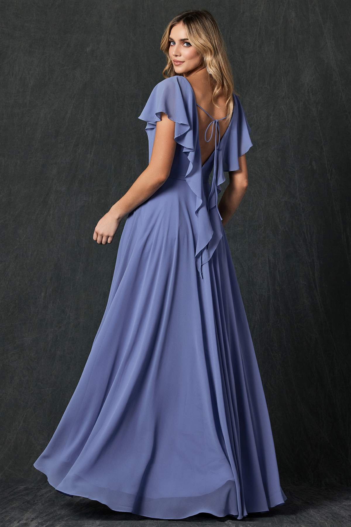 Juliet 261 Flutter Sleeve Formal Dress Cascade Back by DiscountDressShop