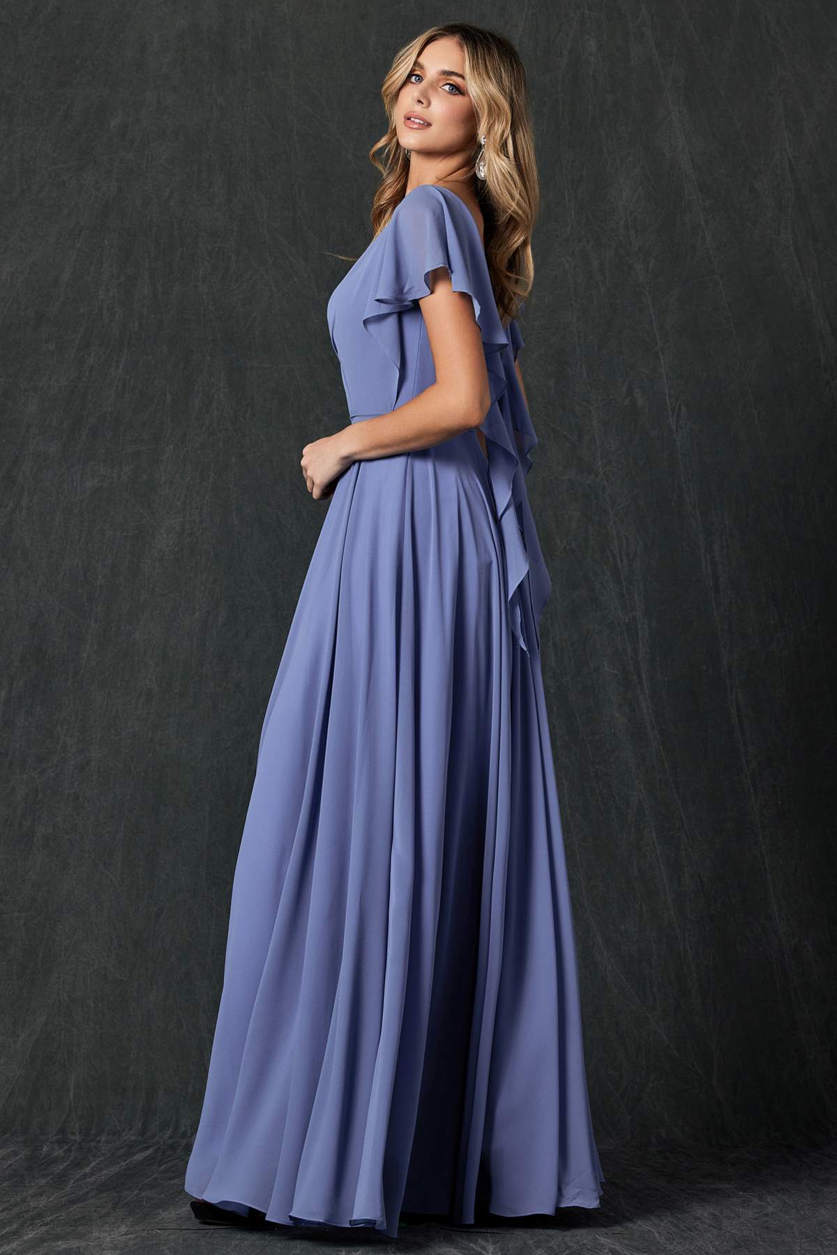 Juliet 261 Flutter Sleeve Formal Dress Cascade Back by DiscountDressShop
