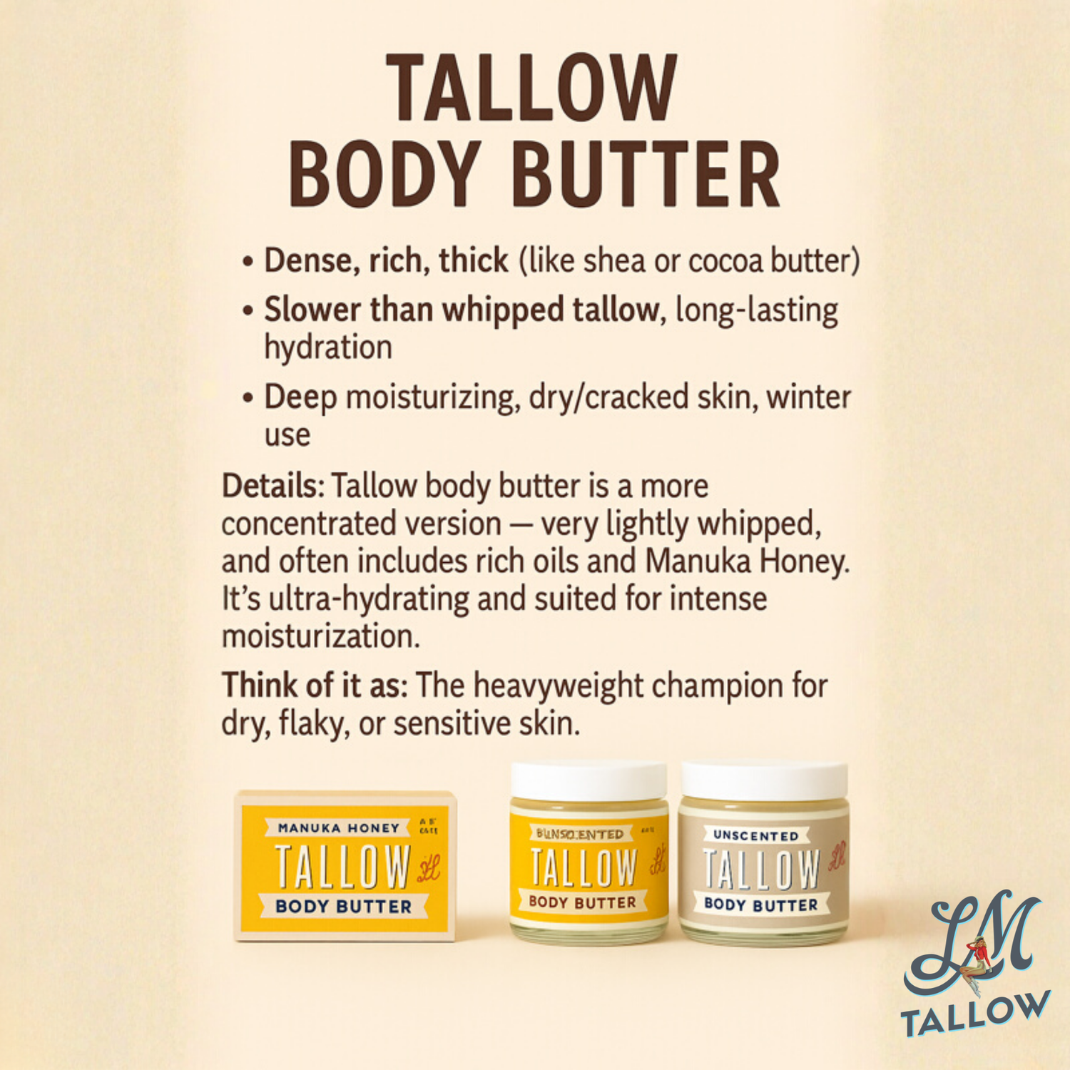 Unscented Tallow Skincare 9oz Trio - Whipped Moisturizer, Body Butter &amp; Balm | Lady May Tallow by The Lady May