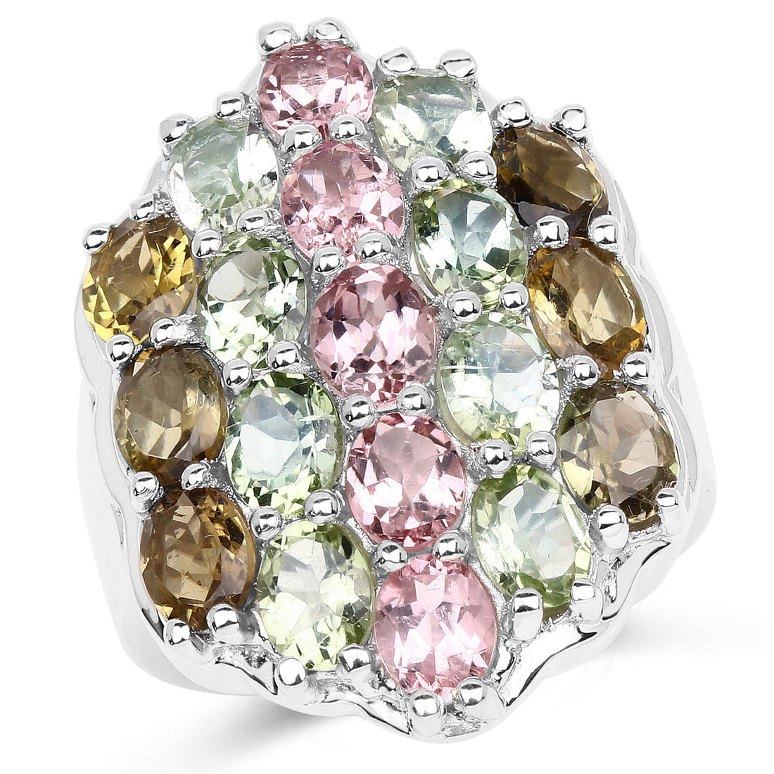 6.74 Carat Genuine Brown Tourmaline, Pink Tourmaline &amp; Green Tourmaline .925 Sterling Silver Ring