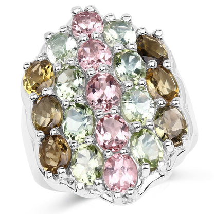 6.74 Carat Genuine Brown Tourmaline, Pink Tourmaline &amp; Green Tourmaline .925 Sterling Silver Ring