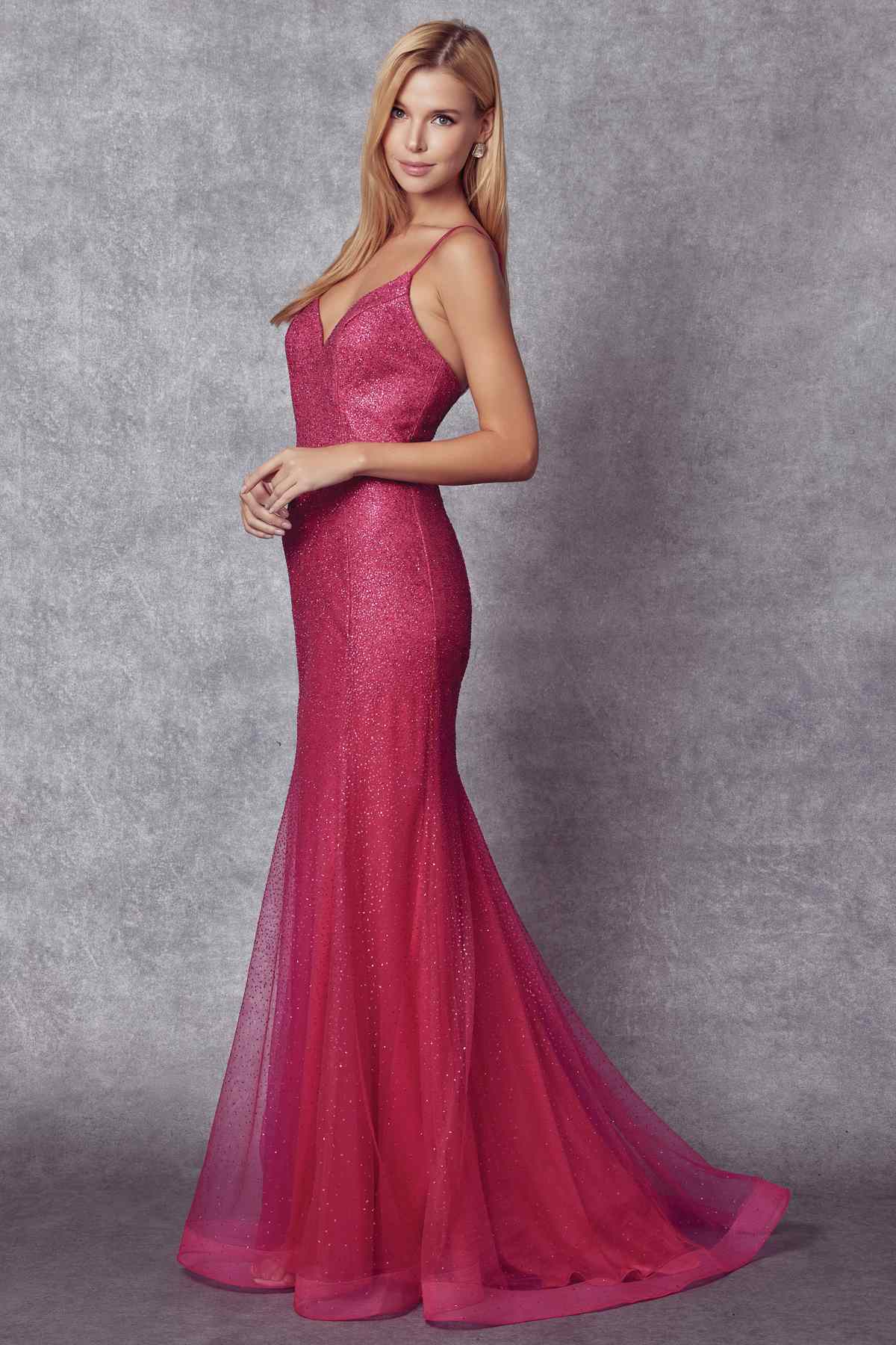 Juliet 271 Glitter Mesh Fitted Evening Gown by DiscountDressShop