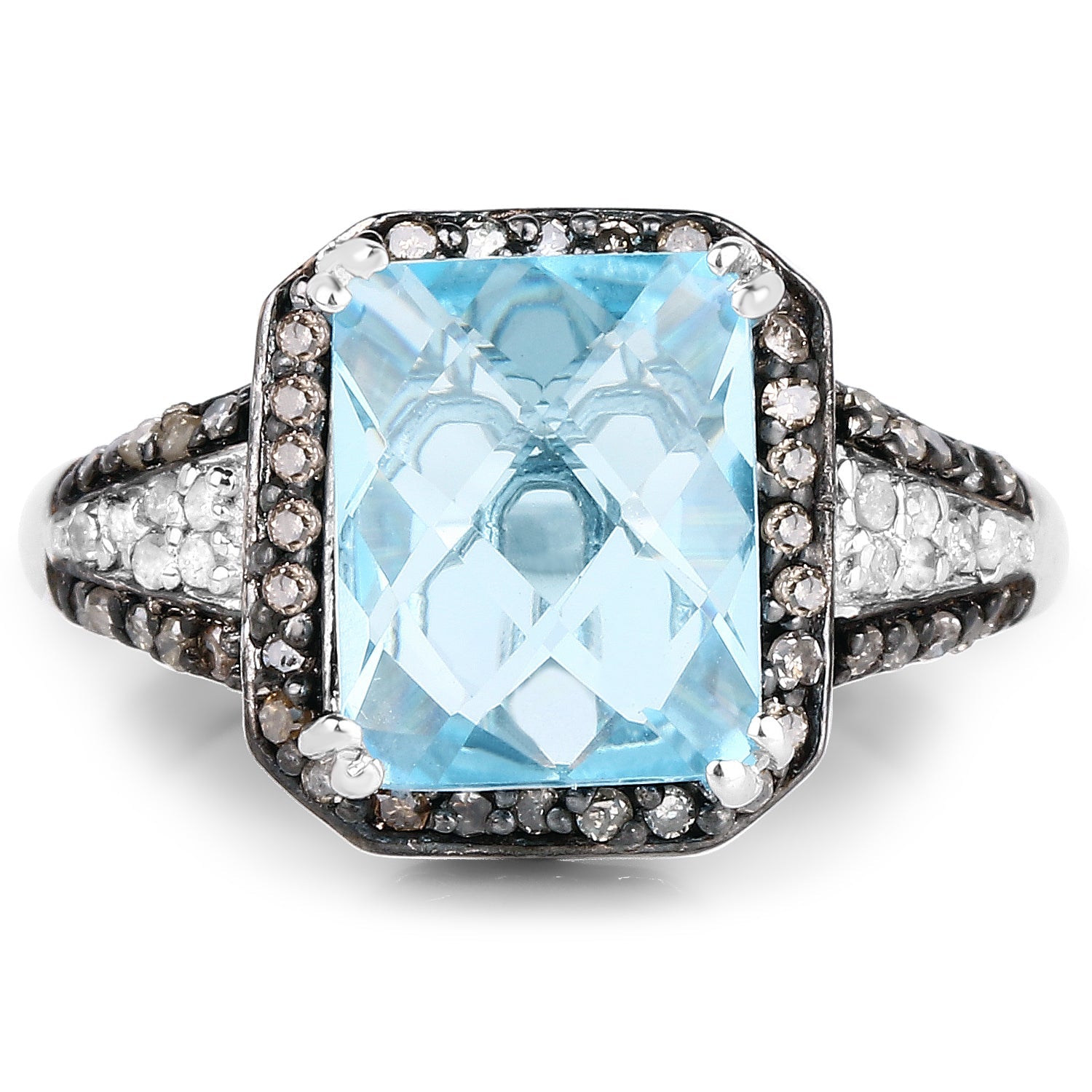 4.33 Carat Genuine Swiss Blue Topaz, Champagne Diamond &amp; White Diamond .925 Sterling Silver Ring