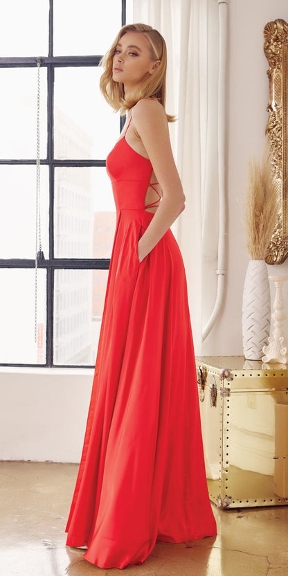 Juliet 278 Formal A-Line Satin Gown with Side Pockets by DiscountDressShop