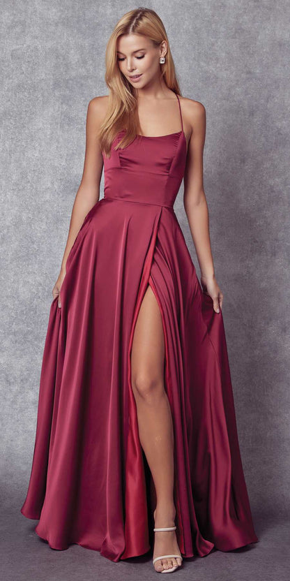 Juliet 278 Formal A-Line Satin Gown with Side Pockets by DiscountDressShop