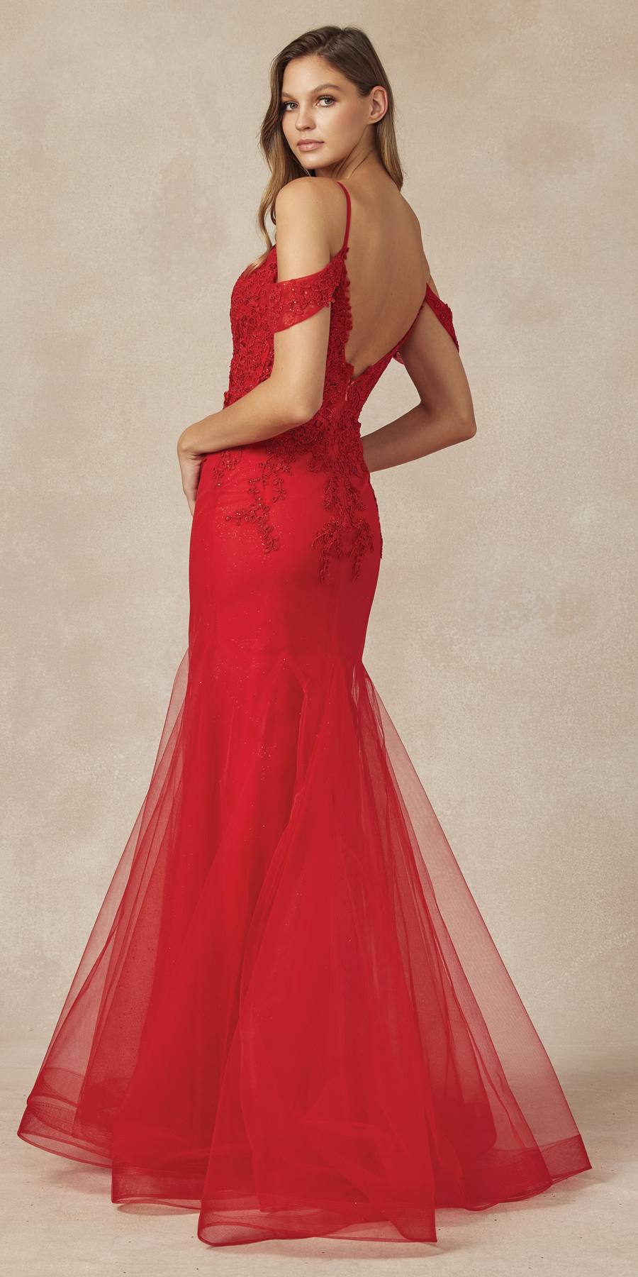 Juliet 281 Long Fully Mesh Gown Off the Shoulder Sleeves Mermaid Skirt by DiscountDressShop