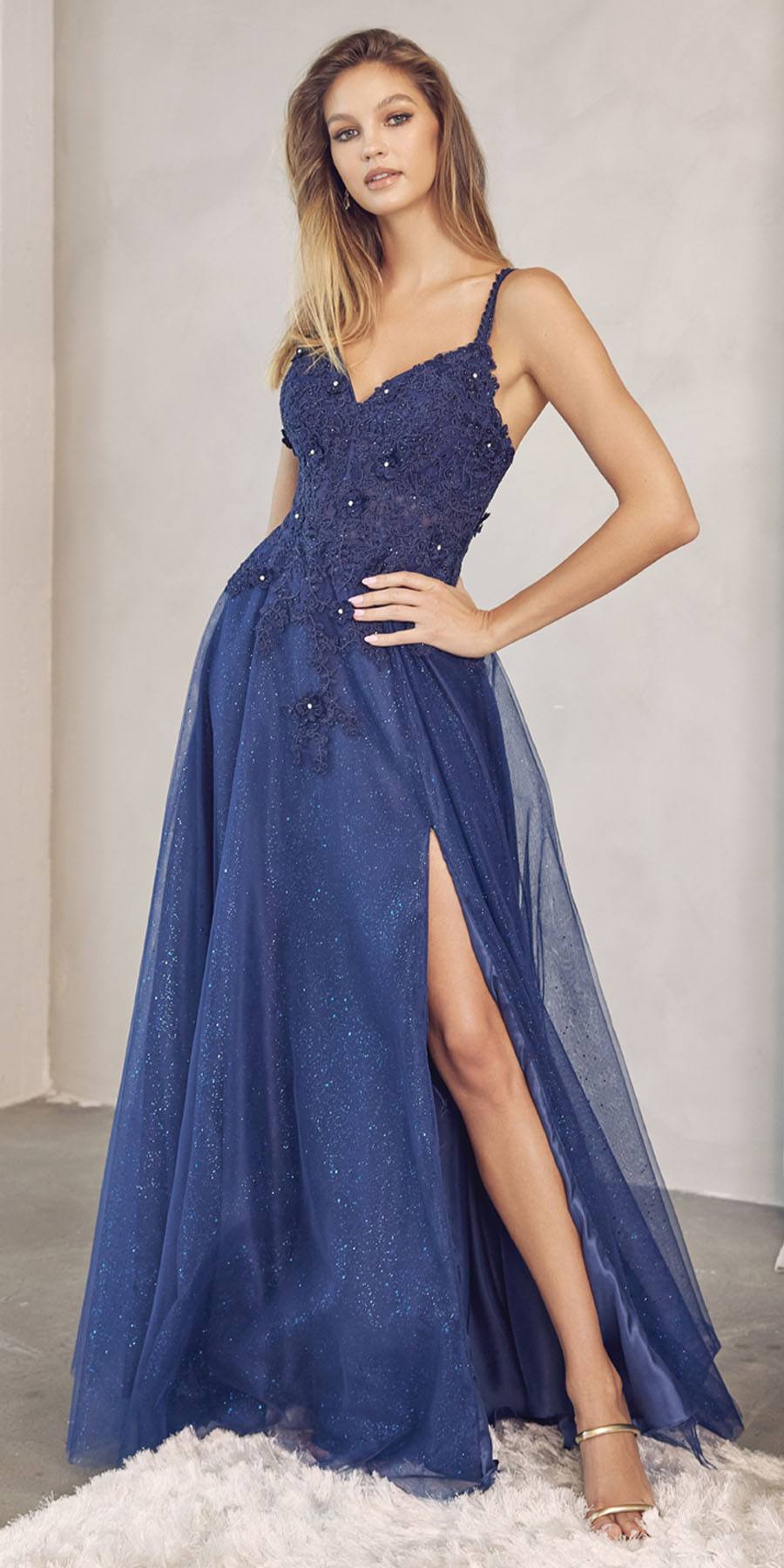 Juliet 283 3D Flowers Embroidered Tulle Glitter Skirt High Slit by DiscountDressShop