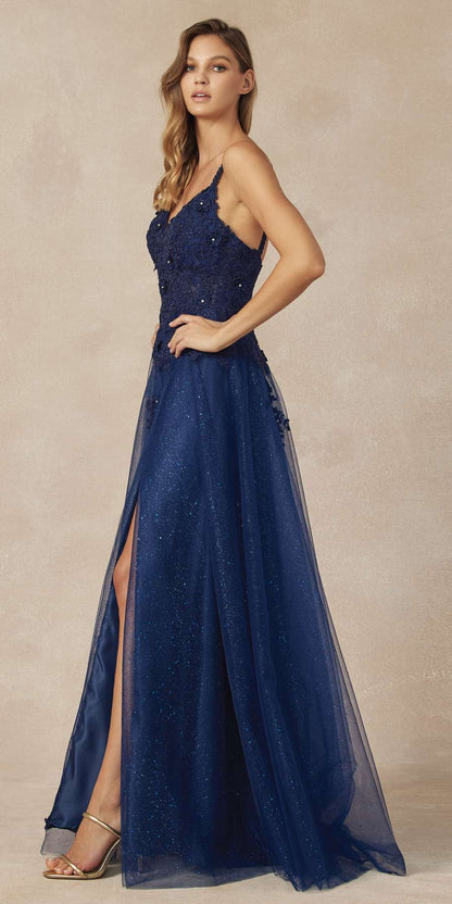 Juliet 283 3D Flowers Embroidered Tulle Glitter Skirt High Slit by DiscountDressShop