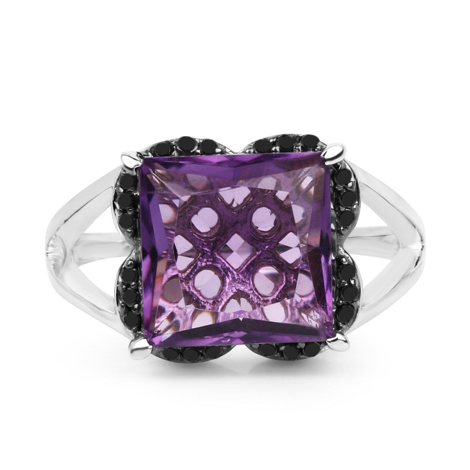 4.58 Carat Genuine Amethyst &amp; Black Diamond .925 Sterling Silver Ring