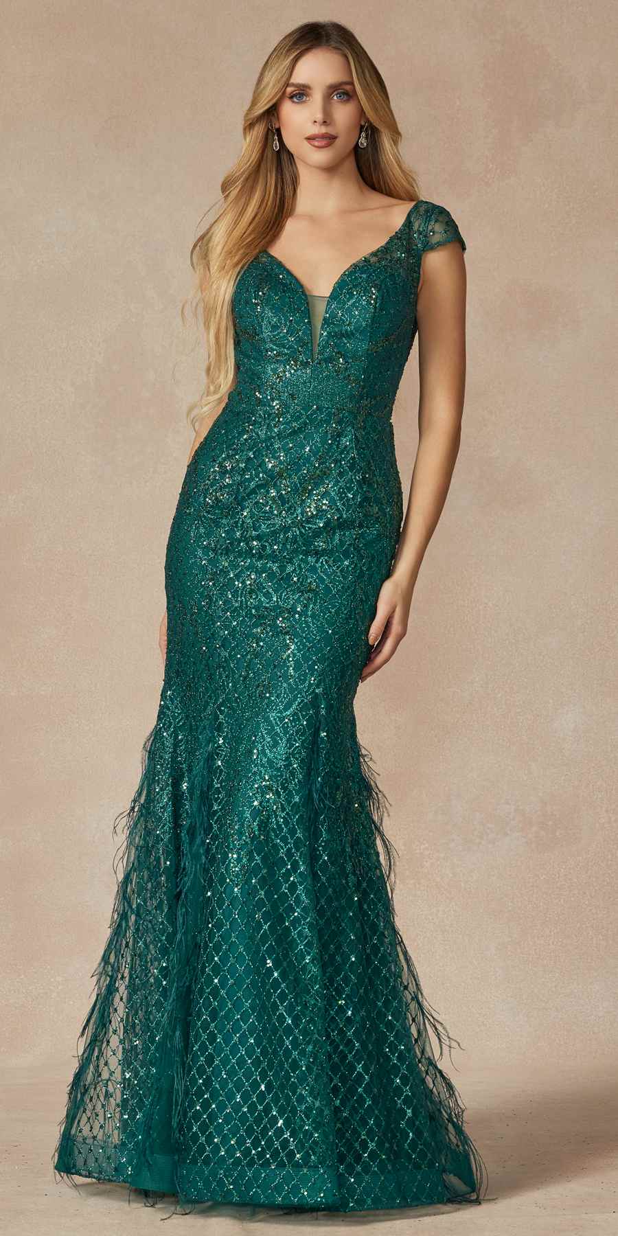 Juliet 286 Floor Length Feather Skirt Embellished Fitted Prom Dress by DiscountDressShop