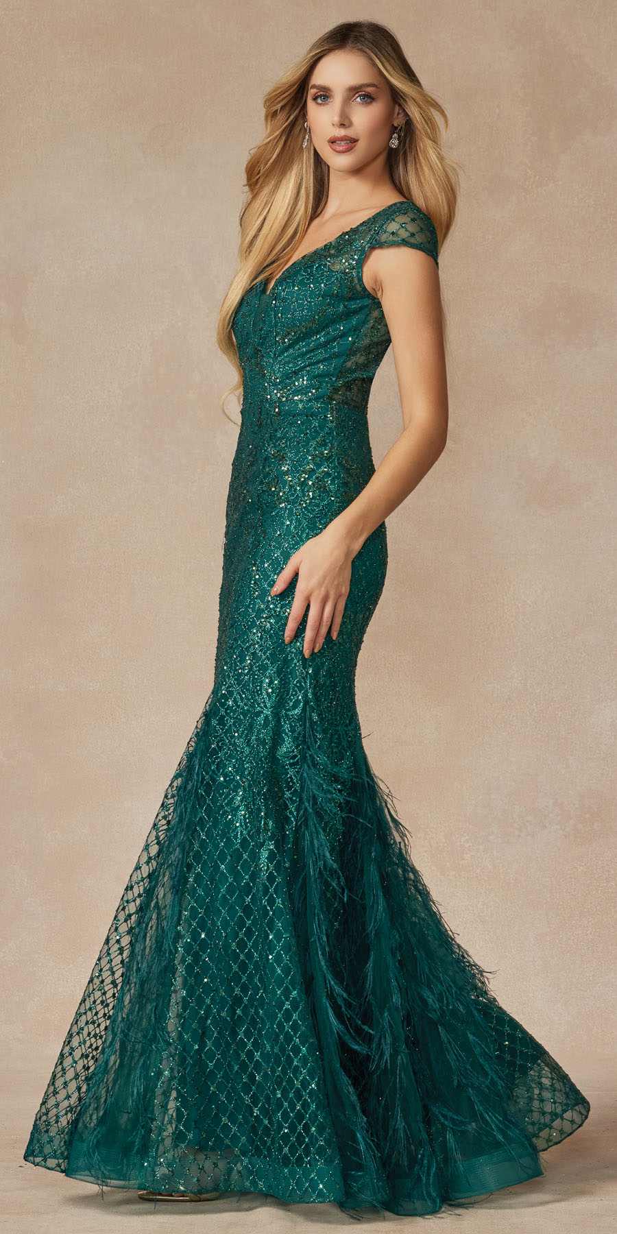 Juliet 286 Floor Length Feather Skirt Embellished Fitted Prom Dress by DiscountDressShop
