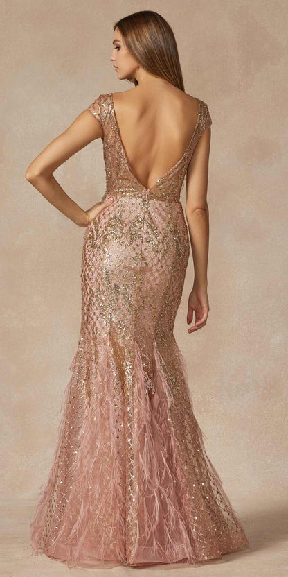 Juliet 286 Floor Length Feather Skirt Embellished Fitted Prom Dress by DiscountDressShop