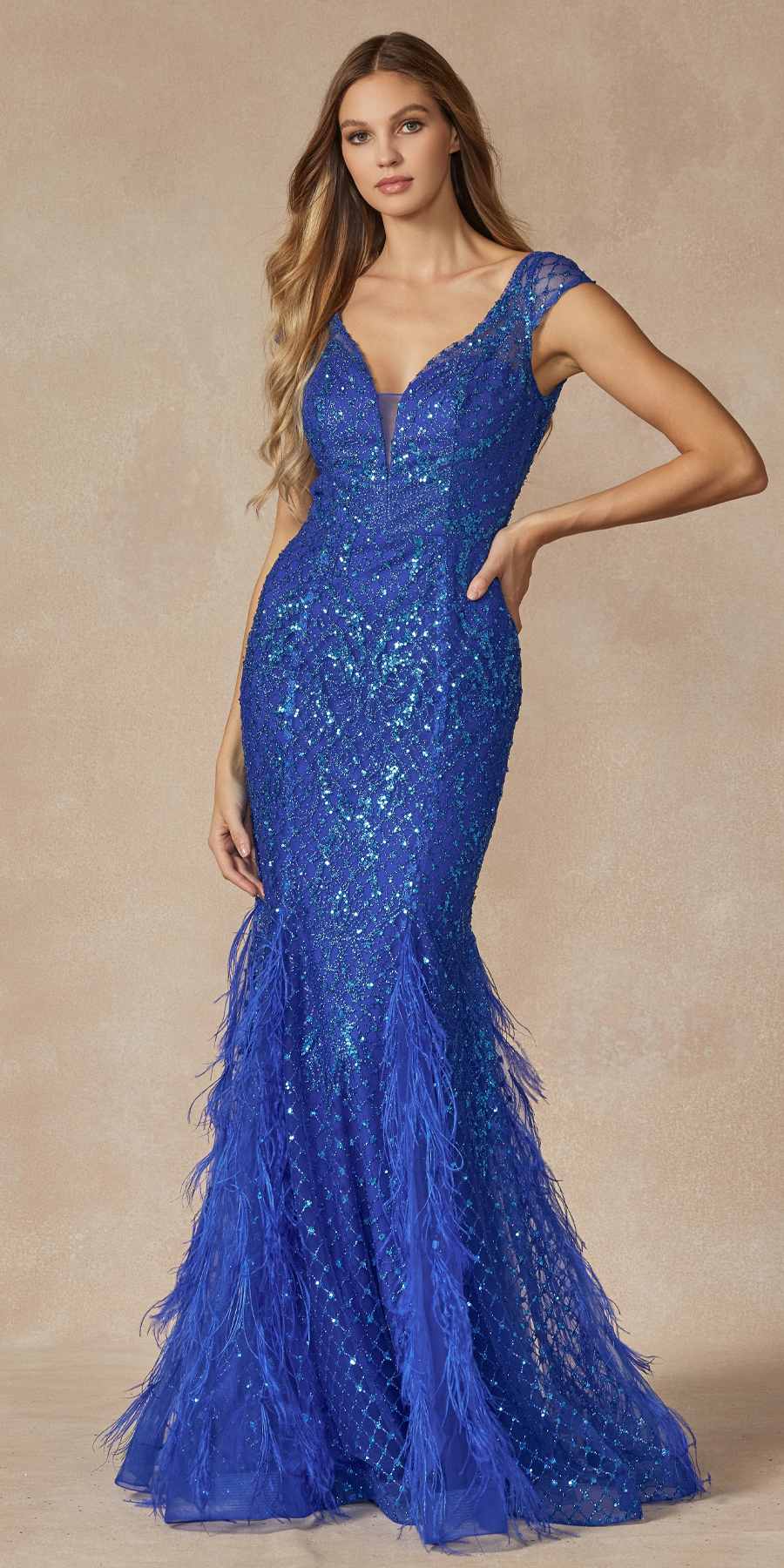 Juliet 286 Floor Length Feather Skirt Embellished Fitted Prom Dress by DiscountDressShop