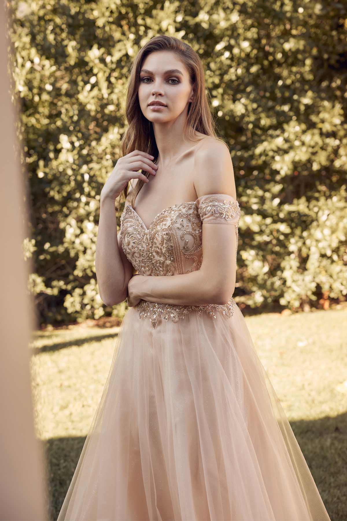 Juliet 287 Long Off the Shoulder Beaded Top A-Line Prom Dress by DiscountDressShop