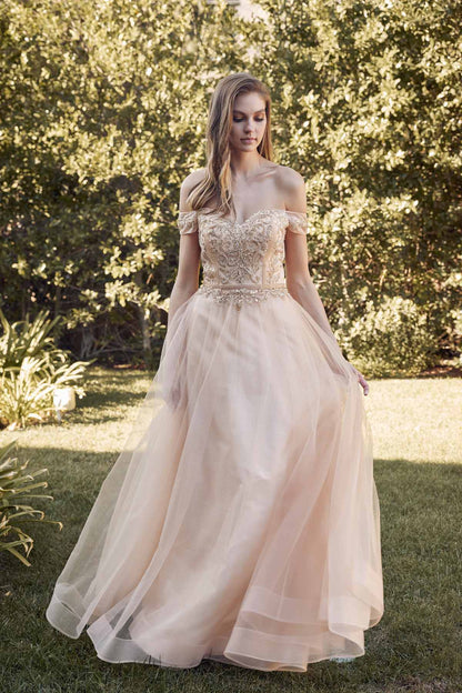 Juliet 287 Long Off the Shoulder Beaded Top A-Line Prom Dress by DiscountDressShop