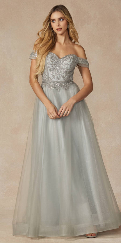 Juliet 287 Long Off the Shoulder Beaded Top A-Line Prom Dress by DiscountDressShop