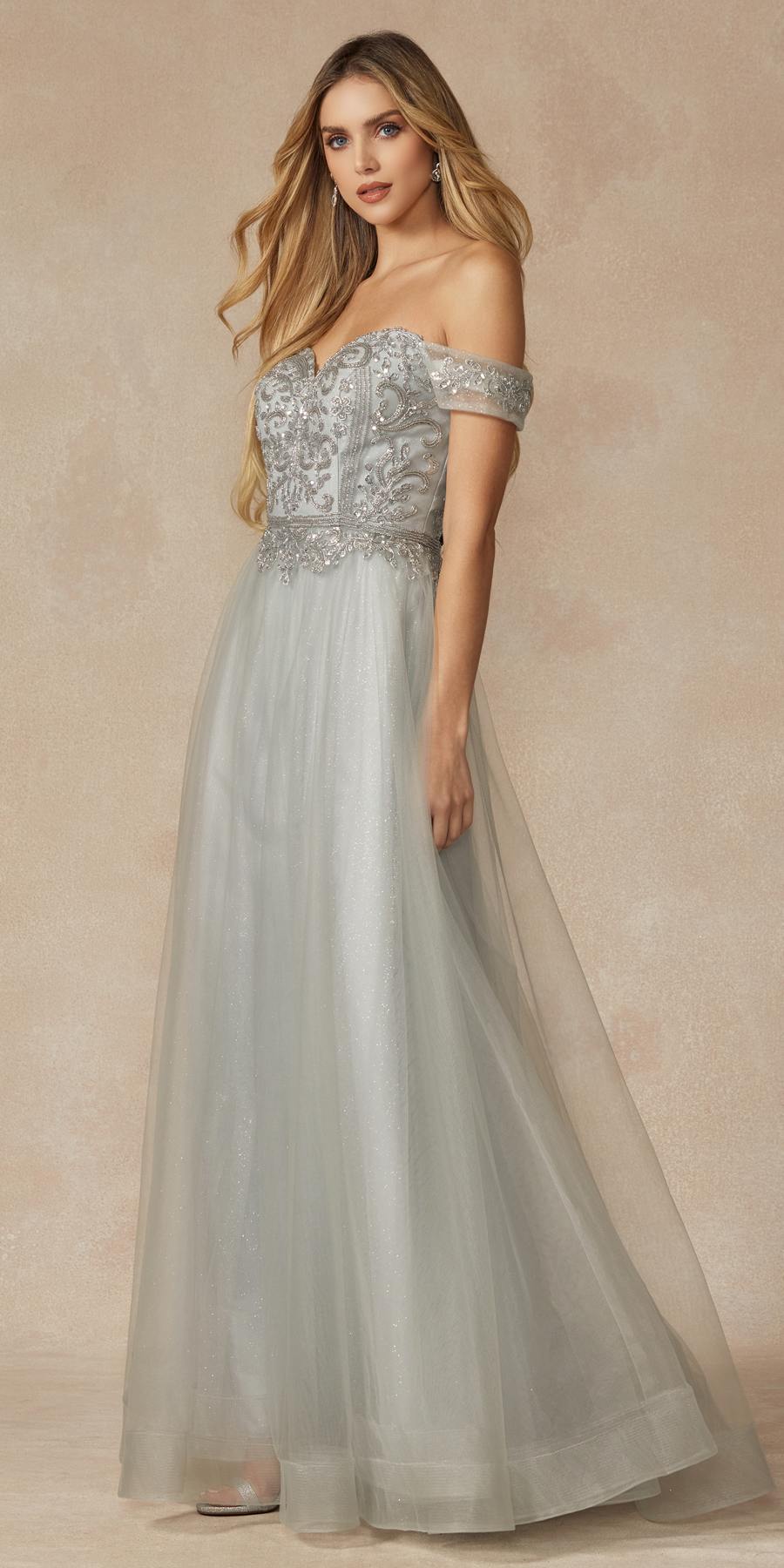 Juliet 287 Long Off the Shoulder Beaded Top A-Line Prom Dress by DiscountDressShop