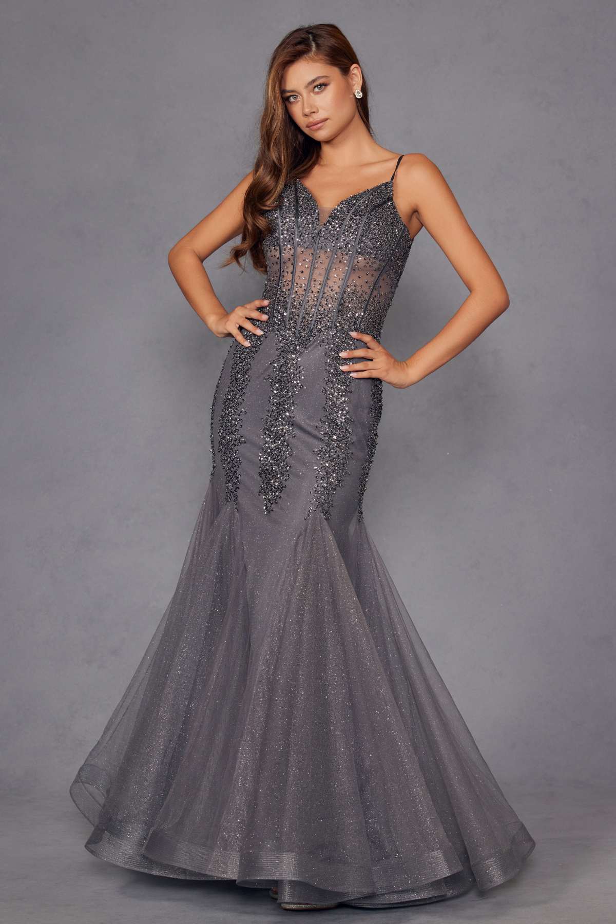 Juliet JT2883C Embellished Fitted Corset Mermaid Gown by DiscountDressShop