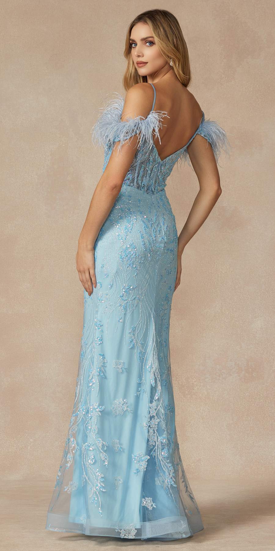 Juliet 288 Long Off the Shoulder Feather Strap Fitted Glitter Print Gown by DiscountDressShop
