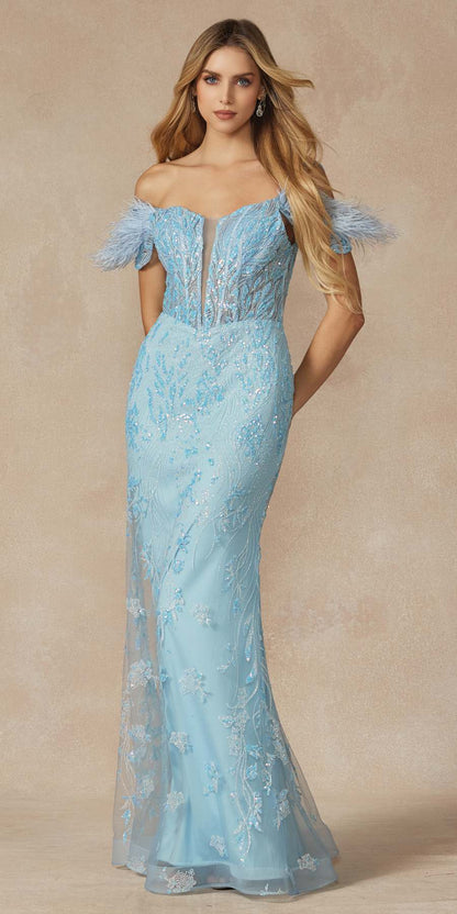 Juliet 288 Long Off the Shoulder Feather Strap Fitted Glitter Print Gown by DiscountDressShop