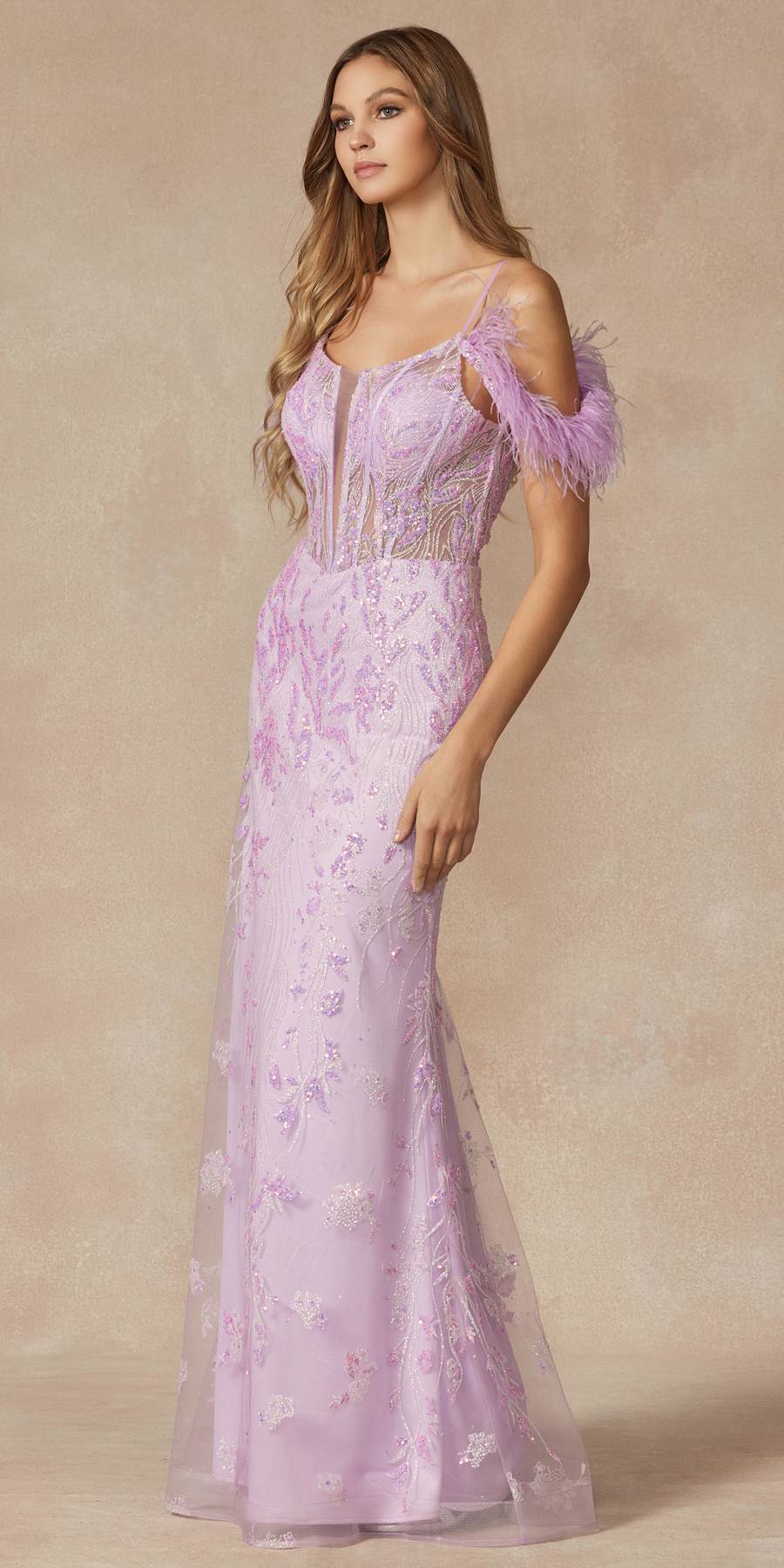Juliet 288 Long Off the Shoulder Feather Strap Fitted Glitter Print Gown by DiscountDressShop