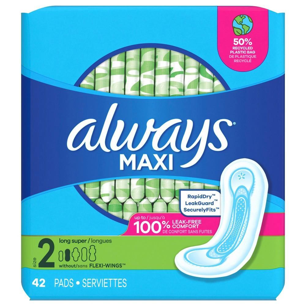 Always Maxi Pads with Wings, Size 2 Long, Unscented, 42 Count by Pasteur Pharmacy
