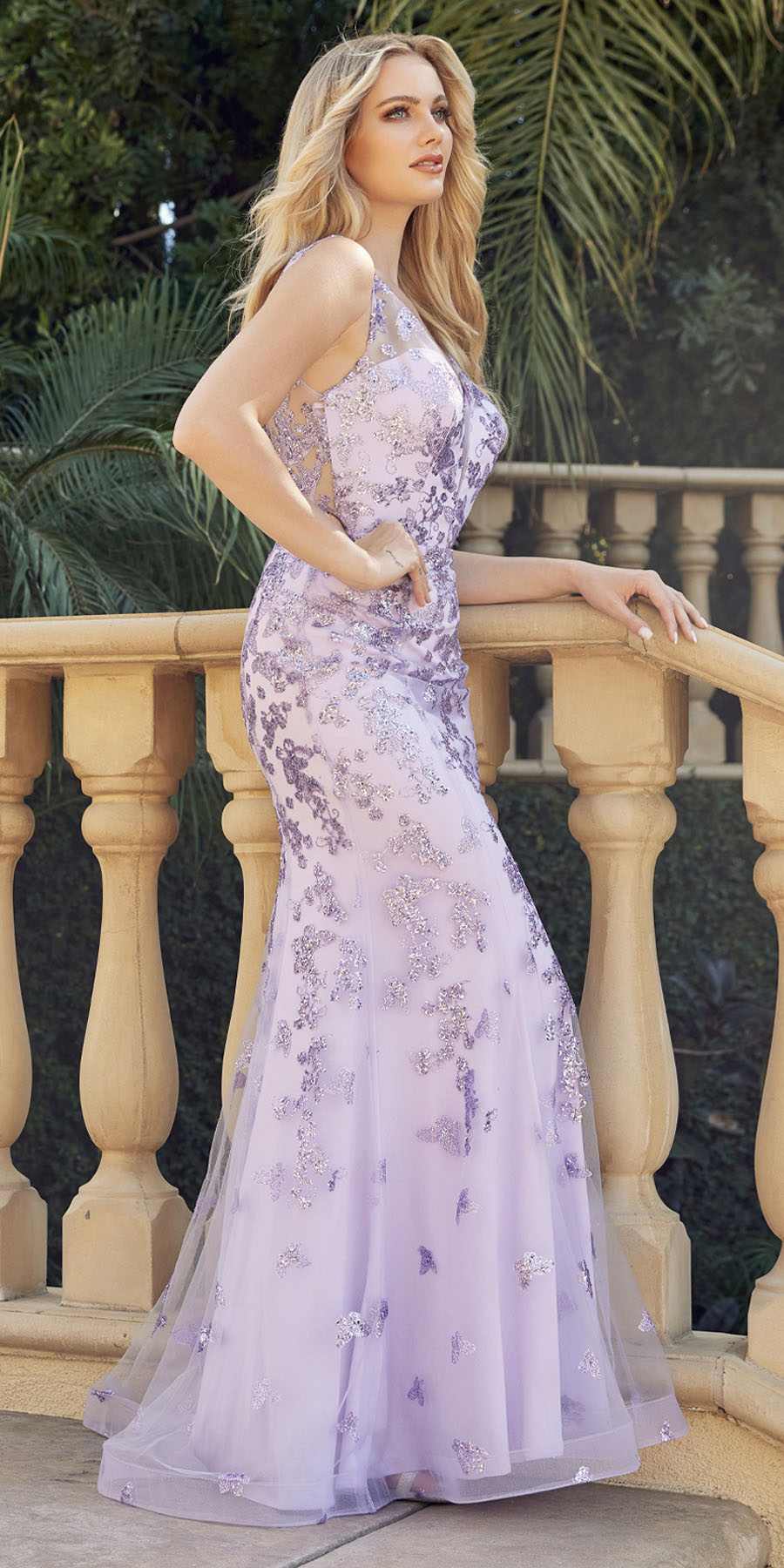 Juliet 294 Long Butterfly Appliques Low V-Neck Prom Dress by DiscountDressShop