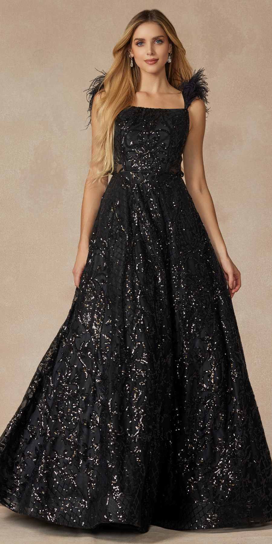 Juliet 297 Floor Length Feathered Cap Sleeve Patterned Sequin A-Line Gown by DiscountDressShop