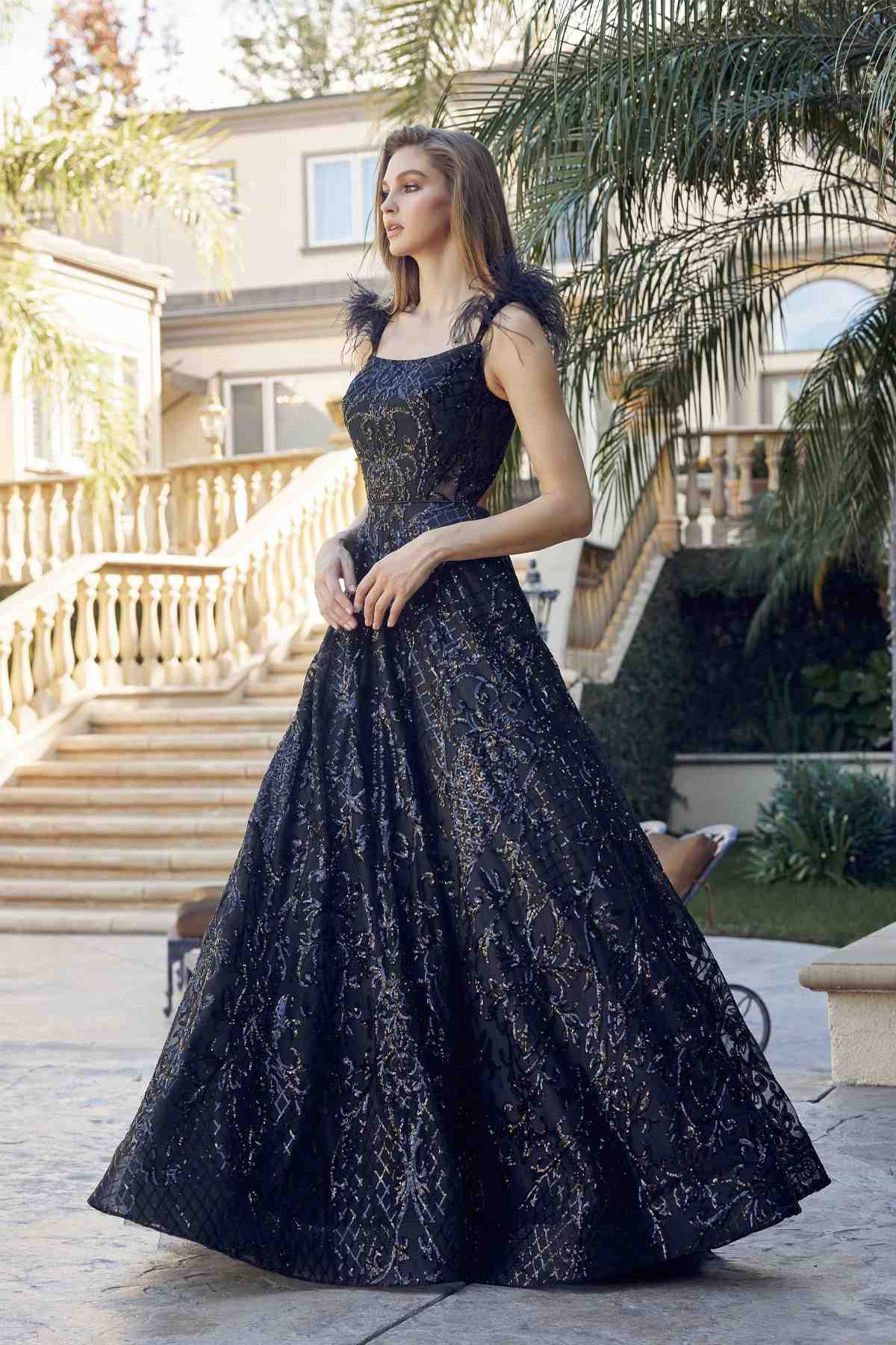 Juliet 297 Floor Length Feathered Cap Sleeve Patterned Sequin A-Line Gown by DiscountDressShop