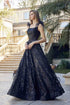 Juliet 297 Floor Length Feathered Cap Sleeve Patterned Sequin A-Line Gown by DiscountDressShop