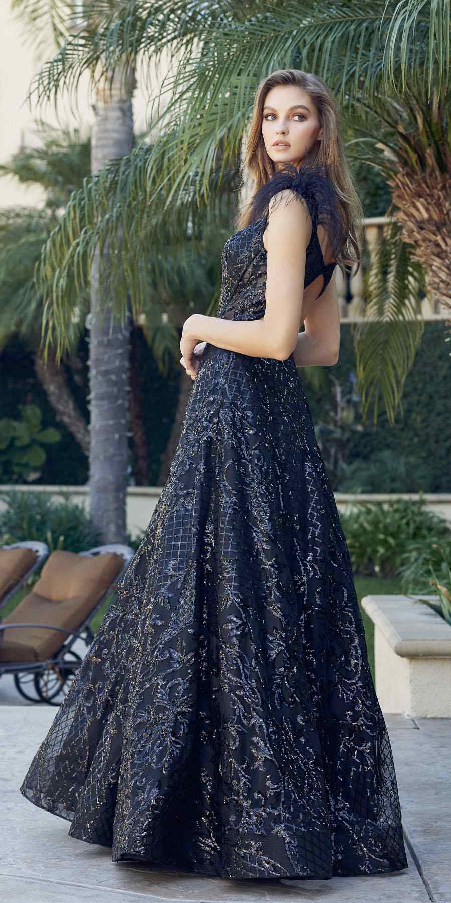Juliet 297 Floor Length Feathered Cap Sleeve Patterned Sequin A-Line Gown by DiscountDressShop