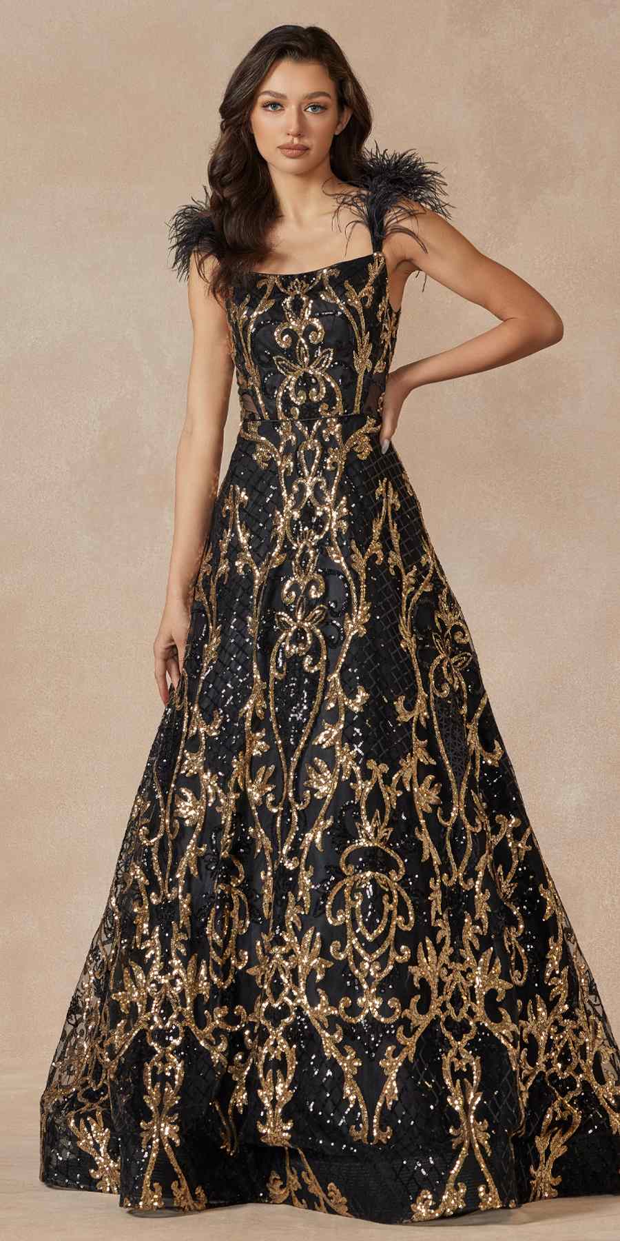 Juliet 297 Floor Length Feathered Cap Sleeve Patterned Sequin A-Line Gown by DiscountDressShop