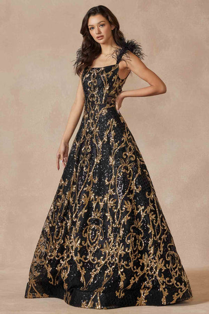 Juliet 297 Floor Length Feathered Cap Sleeve Patterned Sequin A-Line Gown by DiscountDressShop
