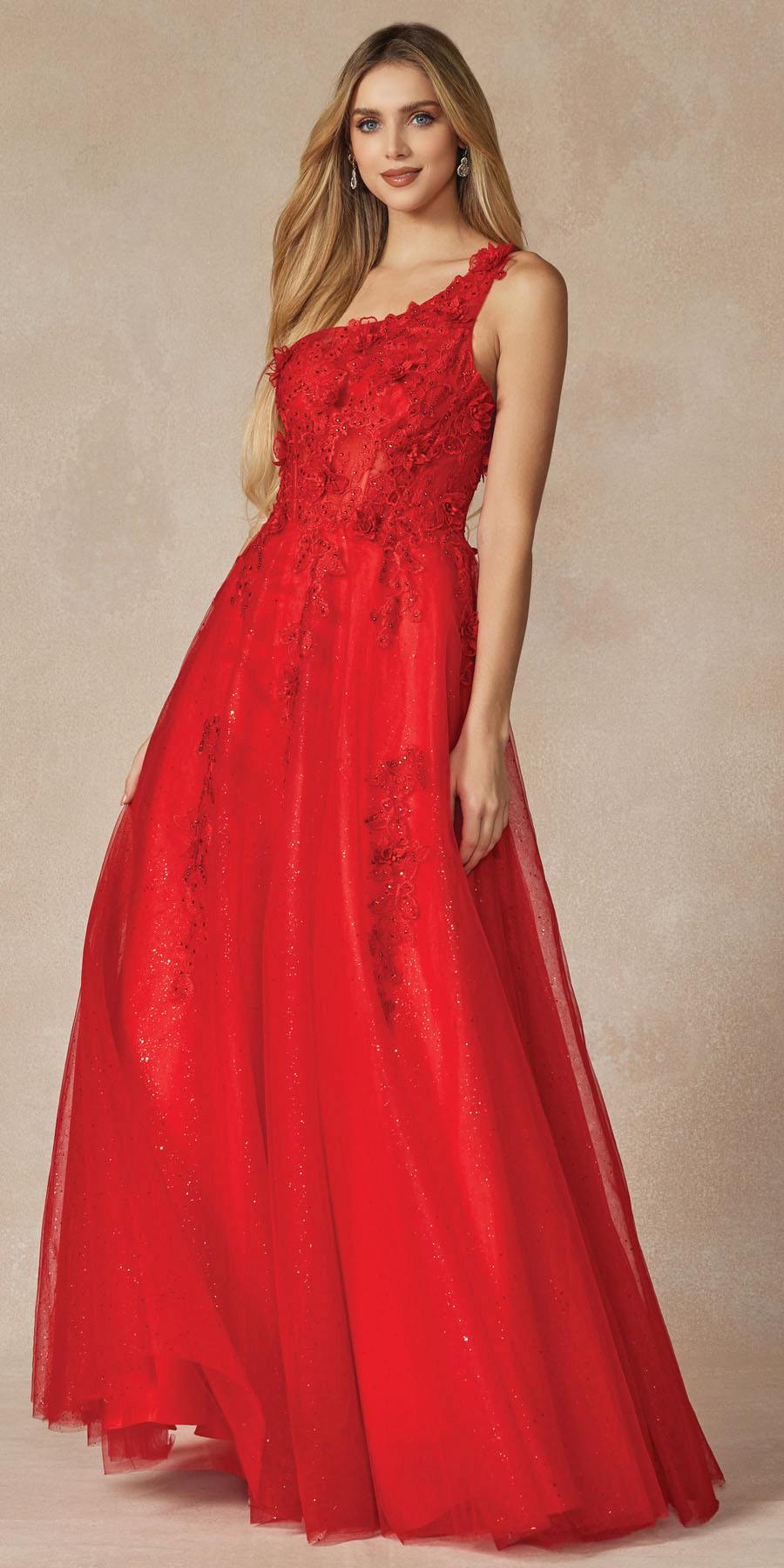 Juliet 298 Long One Shoulder With 3D Flower Embellishments Gown by DiscountDressShop
