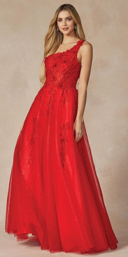 Juliet 298 Long One Shoulder With 3D Flower Embellishments Gown by DiscountDressShop
